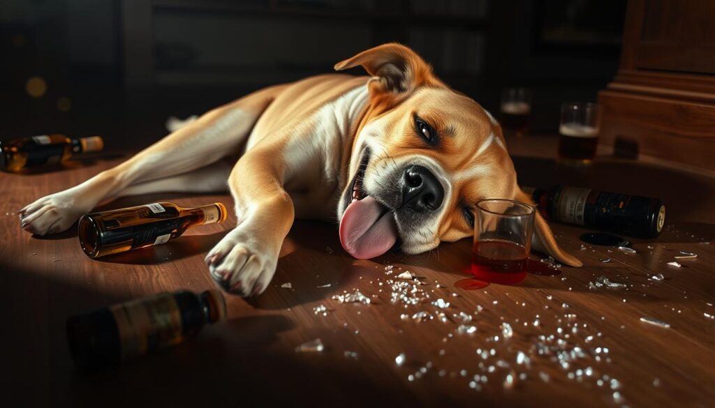 A playful, mischievous dog lays sprawled on the floor, surrounded by overturned beer bottles and spilled liquor. The canine's eyes are half-lidded, its tongue lolling out in a drunken stupor. The room is dimly lit, casting a hazy, alcohol-fueled atmosphere. Shadows dance across the scene, emphasizing the dog's unsteady state. Shards of broken glass glitter on the hardwood floor, a cautionary tale of the dangers of unsupervised pet consumption. The mood is both comedic and cautionary, a vivid representation of the consequences when a curious canine indulges in forbidden human libations.