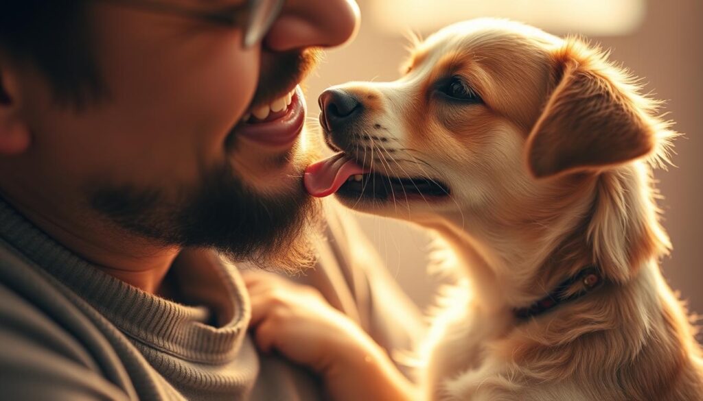 A playful pup enthusiastically licks the face of its delighted owner, their bond and affection radiating through the intimate scene. The dog's wet tongue tenderly caresses the human's skin, capturing the innate desire for connection and comfort that dogs seek from their companions. Warm lighting casts a soft, golden glow, highlighting the warmth and tenderness of the moment. The background is blurred, placing the focus solely on the heartwarming interaction between the loving pet and its cherished human. The composition draws the viewer in, allowing them to feel the intimacy and joy shared between the two subjects.