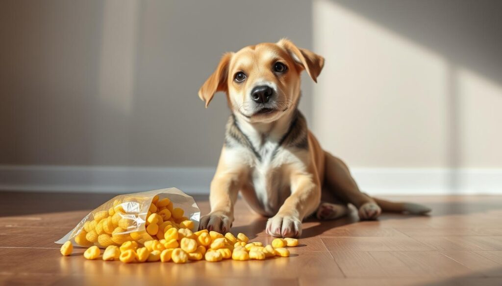 A playful pup sits on a hardwood floor, curiously eyeing a bag of crunchy corn snacks. The bright yellow kernels spill out against a neutral, minimalist backdrop, creating a visually appealing contrast. Soft, directional lighting from the side casts gentle shadows, emphasizing the texture and shape of the snacks. The dog's attentive gaze and tilted head suggest a mix of interest and caution, inviting the viewer to consider the safety and appropriateness of this canine snack. The overall scene conveys a sense of warmth, curiosity, and the need to thoughtfully consider what foods are suitable for our four-legged companions.