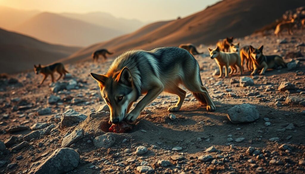 A rugged, ancient landscape with rolling hills and scattered, weathered rocks. In the foreground, a lone wolf-like canine, its fur a mix of grays and browns, carefully paws at the earth, instinctively burying a chunk of meat. The canine's expression is focused, its body language tense, as if driven by an innate, evolutionary imperative. The midground reveals a pack of similar canines, some resting, others engaged in playful interaction, showcasing the social nature of this behavior. The background is shrouded in a warm, golden-hued dusk, lending an atmospheric, nostalgic quality to the scene. The lighting is soft, with long shadows cast by the canines, evoking a sense of timelessness and the depth of this ingrained, ancestral habit.