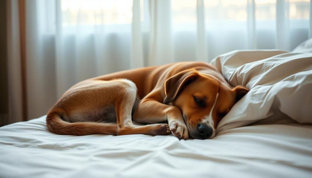 A serene and cozy bedroom scene, with a loyal dog curled up comfortably on the foot of a bed. The dog's head rests peacefully on its paws, showcasing its trust and sense of security in this familiar space. Soft, diffused lighting filters through sheer curtains, creating a warm, inviting atmosphere. The dog's relaxed posture and the gentle folds of the bedding suggest a tranquil, restorative slumber, conveying the idea that the dog finds a deep sense of comfort and safety in this spot. The overall scene radiates a soothing, intimate mood that captures the bond between the dog and its trusted resting place.
