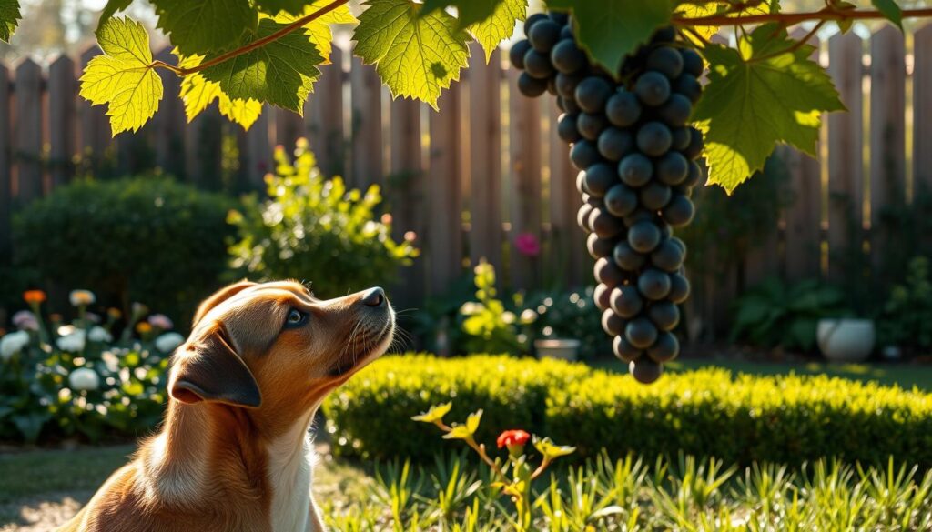 A serene backyard scene, sunlit and tranquil. In the foreground, a curious dog sits, eyeing a cluster of lush, deep purple grapes hanging from a verdant vine. The dog's expression is one of cautious interest, its head tilted slightly as it contemplates the forbidden fruit. The middle ground showcases a well-tended garden, with vibrant flowers and neatly trimmed hedges. In the background, a picturesque wooden fence frames the scene, casting soft shadows across the peaceful tableau. The lighting is warm and natural, capturing the delicate balance between the dog's safety and the allure of the potentially dangerous grapes.