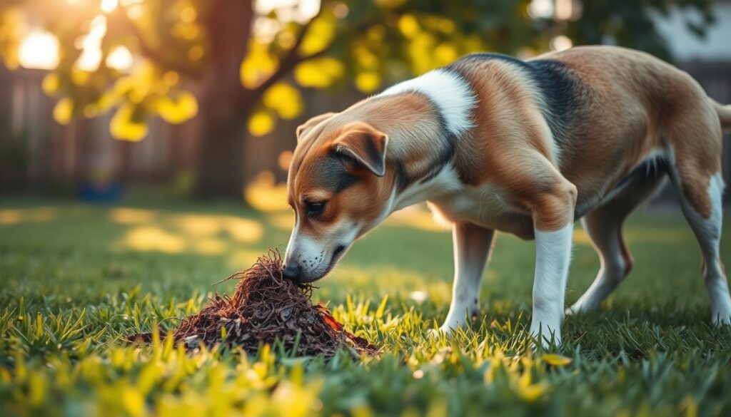 A serene backyard scene, with a medium-sized dog intently sniffing and inspecting a fresh pile of its own waste on the lush, green grass. The dog's posture is curious and focused, as if studying this natural phenomenon. Warm, golden sunlight filters through the leaves of a nearby tree, casting a soft, natural glow on the scene. The background is blurred, emphasizing the dog's actions in the foreground. The composition suggests a sense of wonder and the dog's innate drive to understand its environment, providing a visually compelling illustration of the subject matter.