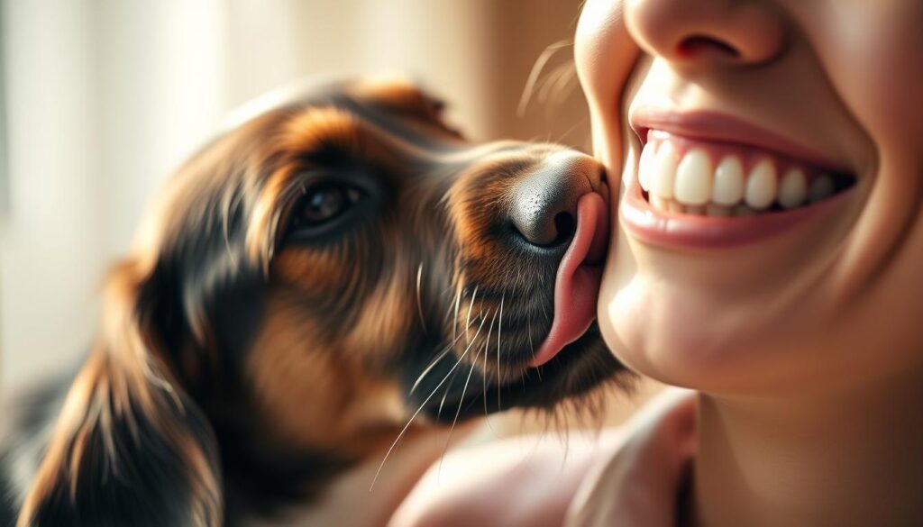 A serene close-up of a friendly dog gently licking the face of a delighted human, set against a soft, blurred background. Warm, natural lighting casts a soothing glow, highlighting the affectionate connection between the two subjects. The dog's tongue tenderly caresses the person's cheek, conveying a sense of comfort and trust. The composition emphasizes the intimate, comforting nature of this canine behavior, providing a visually compelling illustration of the reasons why dogs engage in this behavior.