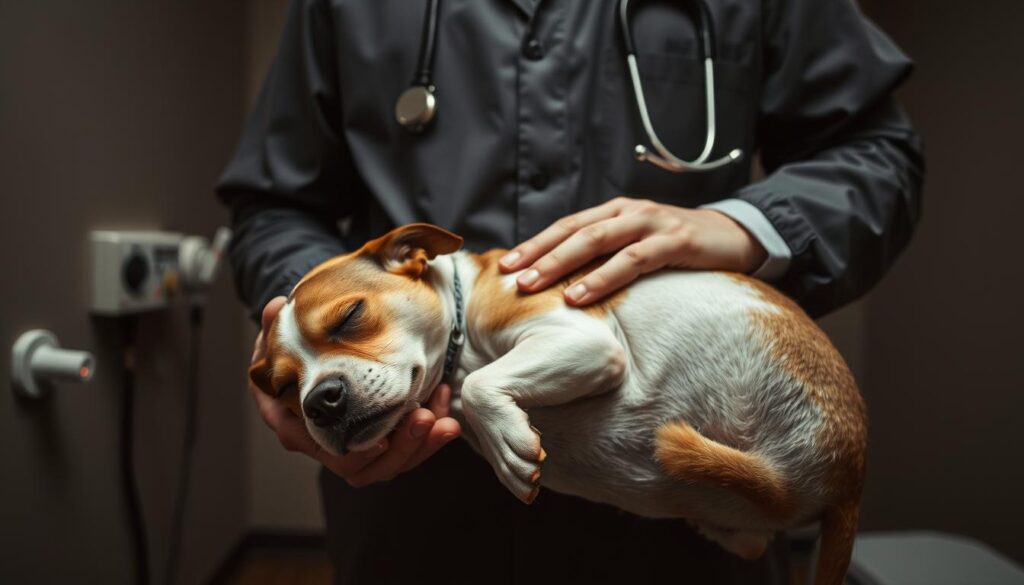 A serene, dimly lit examination room where a veterinarian gently holds a sleeping dog, their hands conveying care and compassion. The dog rests peacefully, their expression tranquil, as the vet prepares the necessary medical equipment for the humane process of euthanasia. The scene evokes a sense of solemn reverence, with muted tones and soft lighting creating an atmosphere of solemnity and respect for the gravity of the decision. The image aims to capture the essence of euthanasia - a dignified and merciful end to a beloved companion's suffering.