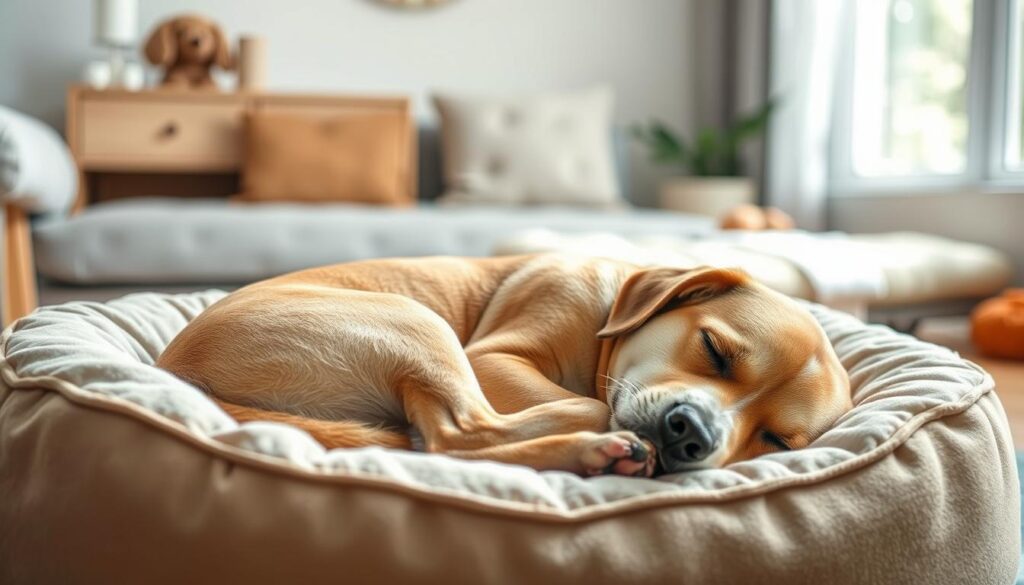 A serene, domestic scene depicting the reasons for a dog's frequent slumber. In the cozy foreground, a peaceful canine curled up on a plush, cushioned bed, eyes gently closed, body language conveying deep, restful sleep. The middle ground shows the dog's tranquil, relaxed posture, highlighting the animal's comfort and contentment. In the softly lit background, subtle visual cues allude to potential factors contributing to the dog's sleepiness, such as a warm, sunlit environment or the presence of toys and chew items that may have stimulated playtime. The overall mood is one of calm, repose, and the natural rhythms of a well-cared-for, healthy pet.