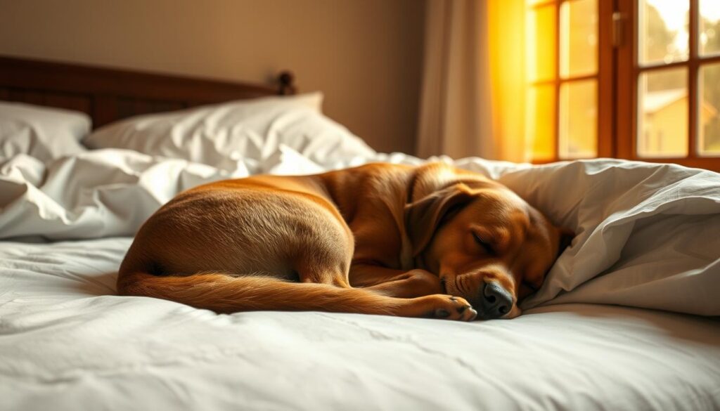 A serene, domestic scene of a dog sleeping peacefully at the foot of a bed. The dog, a medium-sized breed with a soft, brown coat, is curled up comfortably, its head resting on its paws. The bed is dressed in crisp, white linens, and the room is bathed in warm, golden light filtering in through a nearby window. The dog's relaxed posture and steady breathing convey a sense of trust and security, suggesting a strong bond between the pet and its owner. The overall atmosphere is one of tranquility and contentment, capturing the normalcy and natural comfort of a dog sleeping at the foot of its human's bed.
