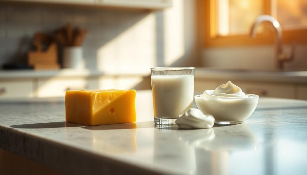 A serene kitchen counter, bathed in warm, natural light filtering through a nearby window. Arranged neatly on the surface, an assortment of dairy products - a block of cheddar cheese, a small glass of milk, and a soft, creamy yogurt. The colors are vibrant, the textures inviting. The composition suggests a thoughtful consideration of a dog's dietary needs, with the dairy items presented as potential healthy additions to the canine's menu. The overall mood is one of calm contemplation, inviting the viewer to ponder the role of dairy in a balanced, pet-friendly diet.