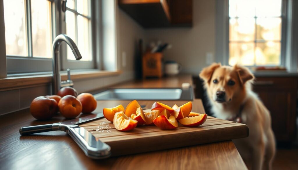 A serene kitchen counter, bathed in warm, natural light from a large window. On the surface, a wooden cutting board holds freshly washed nectarines, their vibrant orange-red hues glistening. A sharp knife rests nearby, ready to carefully slice the nectarines into bite-sized pieces. In the foreground, a curious canine companion, its attentive gaze fixed on the enticing fruit, waits patiently for its owner to prepare a healthy, dog-friendly snack. The scene conveys a sense of tranquility and care, as the owner thoughtfully considers the safety and well-being of their furry friend.
