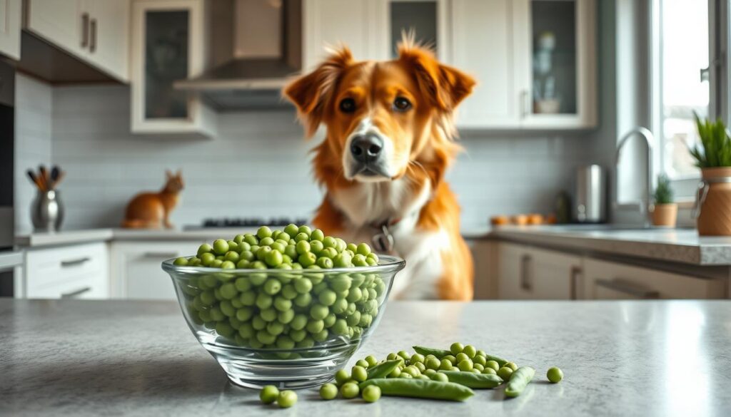 A serene kitchen counter with a glass bowl filled with fresh green peas, arranged neatly against a backdrop of a well-lit, modern kitchen. A friendly dog sits attentively, watching the peas with curiosity. Soft, natural lighting from a nearby window illuminates the scene, casting gentle shadows and highlights. The composition is balanced, with the dog and the peas as the focal points, inviting the viewer to consider the integration of this healthy vegetable into the canine's diet. The overall mood is one of wholesome, educational exploration, encouraging the viewer to consider the potential benefits of incorporating peas into their pet's meal plan.