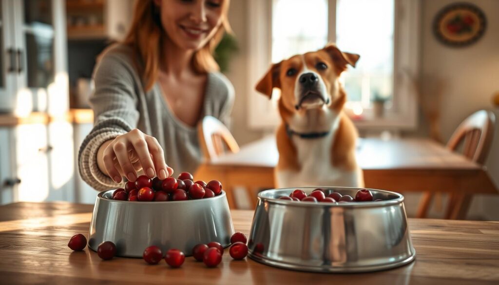 A serene kitchen scene showcasing a woman gently placing fresh cranberries into a dog's food bowl. Warm, soft lighting illuminates the cozy, natural-toned space, creating a comforting atmosphere. In the foreground, the woman's hands delicately arrange the ruby-red berries, while the dog watches attentively, its head tilted with curiosity. The middle ground features a wooden table and chairs, evoking a sense of homeliness. In the background, a window frames a peaceful outdoor view, hinting at the healthful benefits of this nutritious fruit for the canine companion.