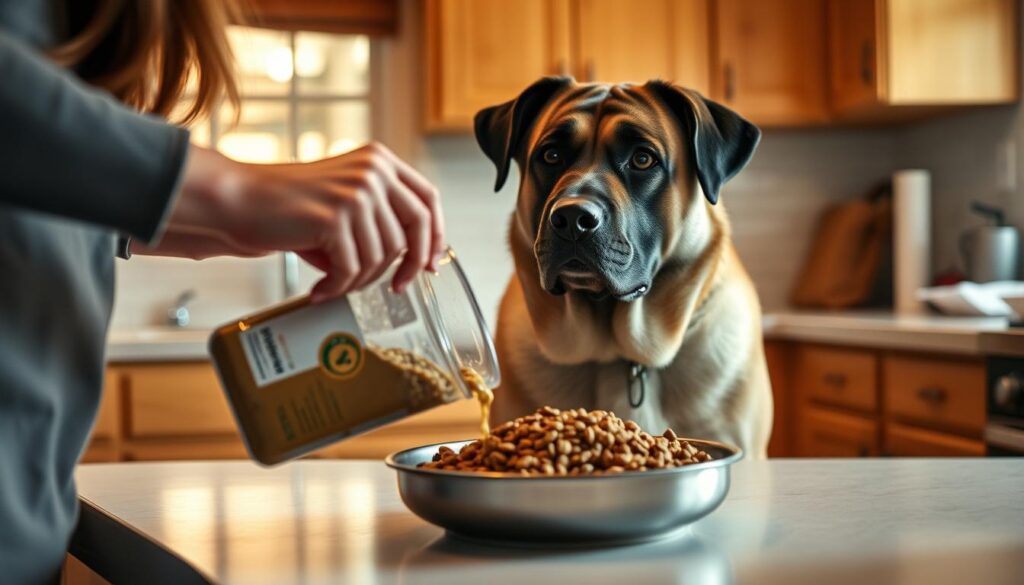 A serene kitchen scene with a large, well-fed dog attentively watching as a person carefully measures and mixes a new dry dog food into the dog's existing meal, ensuring a gradual and seamless transition. The warm lighting from a nearby window casts a soft glow, while the clean, organized countertop conveys a sense of care and attention to detail. The dog's calm, trusting expression suggests a bond between the owner and pet, creating an atmosphere of comfort and safety during this important dietary change.