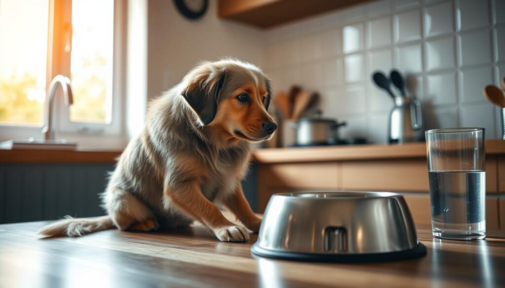 A serene kitchen scene with a medium-sized dog sitting attentively next to its food bowl, eagerly awaiting its meal. The dog's gaze is fixed on the bowl, its tail wagging gently. The kitchen countertop is clean and tidy, with a few cooking utensils and a glass of water nearby. Warm, natural lighting filters in through a window, casting a soft glow on the scene. The overall atmosphere is one of contentment and a well-established daily routine.