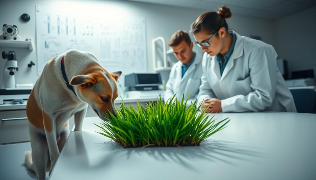 A serene scientific laboratory setting, with a well-equipped workbench and state-of-the-art instruments. In the foreground, a group of researchers in white lab coats intently observing a dog sniffing and sampling a small patch of lush, verdant grass. The lighting is soft and diffused, creating a calm, contemplative atmosphere conducive to scientific inquiry. The background features a wall of scientific diagrams, charts, and notes, hinting at the depth of research being conducted. The scene conveys a sense of meticulous investigation into the causes and effects of canine grass consumption.