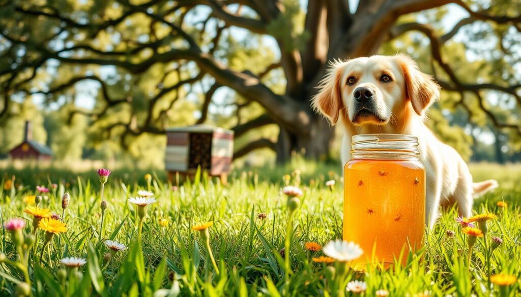 A serene, sunlit meadow with lush green grass and vibrant wildflowers in the foreground. In the middle ground, a playful golden retriever stands alert, its eyes fixed on a jar of golden, honey-filled honeycomb. The dog's expression exudes curiosity and a gentle eagerness to explore the sweet treat. In the background, a hive of buzzing honeybees hovers near a towering oak tree, its branches providing dappled shade. The scene conveys the natural, wholesome benefits of honey for canine companions, captured with a warm, inviting atmosphere and a sense of harmony between the dog, the honey, and the surrounding natural elements.