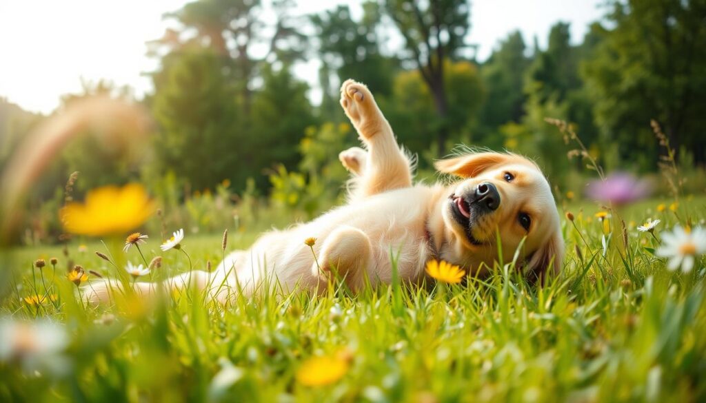 A serene, sunlit meadow with swaying wildflowers in the foreground. In the middle ground, a playful golden retriever lies on its back, paws up in the air, eyes gazing contentedly at the camera. The dog's relaxed pose exudes a sense of comfort and trust. In the background, a lush, verdant forest provides a natural, calming backdrop. The lighting is soft and diffused, creating a warm, inviting atmosphere. The camera angle is positioned slightly above the dog, capturing its tranquil expression and the peaceful scene around it.
