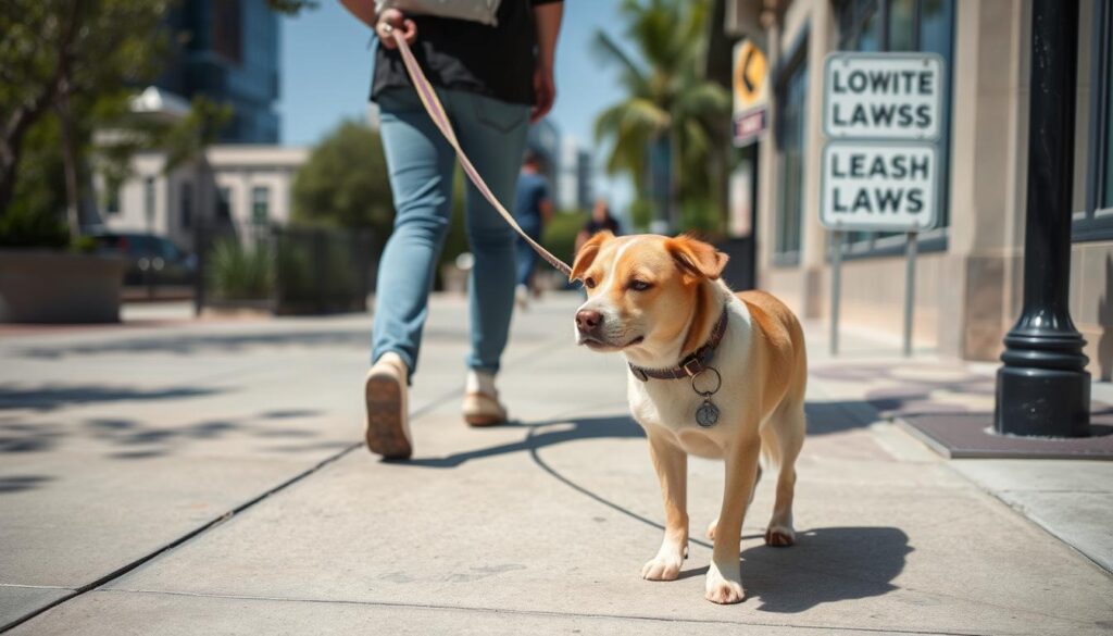A serene urban sidewalk on a sunny day, with a person walking a medium-sized dog on a leash. The dog is well-behaved, attentive to its owner. The leash is made of sturdy material, held loosely but with control. Signage indicating local leash laws is visible in the background, blurred but legible. The scene conveys a sense of responsible pet ownership and compliance with legal requirements for walking dogs in public spaces.