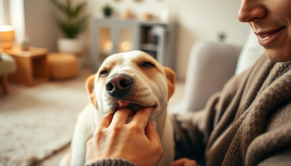 A serene, well-lit indoor scene showcasing the intimate bond between a dog and its owner. In the foreground, the dog tenderly licks the owner's hand, its gentle expression conveying a sense of affection and care. The owner's face is relaxed, their body language suggesting a feeling of comfort and trust. The middle ground features soft, muted colors and textures, creating a calming atmosphere. In the background, subtle hints of a cozy domestic setting, such as a plush rug or a bookshelf, add depth and context to the scene. The lighting is warm and diffused, casting a soothing glow on the subjects and highlighting the emotional connection between them.