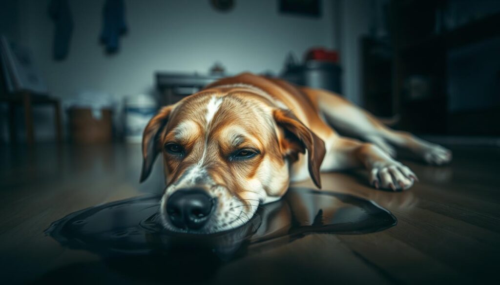 A sick dog lying on the floor, head over a puddle, with a pained expression on its face. The room is dimly lit, with a muted color palette and soft shadows, creating a somber and concerned atmosphere. The dog's body is in the foreground, while the background features blurred household items, suggesting a domestic setting. The lighting is slightly cool, accentuating the dog's discomfort. The angle is low, putting the viewer at the dog's level, evoking empathy and a sense of concern.
