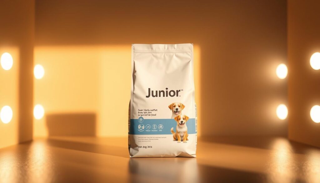 A sleek, modern dog food package prominently displayed in a stylized, well-lit product shot. The package is made of premium-looking cardboard or paper material, with a clean, minimalist design featuring a neutral color palette of whites, grays, and soft blues. The package features the "Junior" label prominently, along with an illustration or photograph of a happy, healthy dog. The lighting is warm and diffused, creating a sense of quality and premium appeal. The composition places the package in the center of the frame, with a simple, uncluttered background that allows the product to be the focal point. The overall mood is one of sophistication, health, and high-quality pet care.