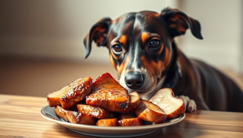 A sleek, well-groomed dog sitting attentively, its gaze fixed on a plate of savory roasted pork. The dog's expression conveys a mix of curiosity and anticipation, as if wondering if this unusual offering might be safe for its canine palate. The scene is captured in a warm, natural light, emphasizing the texture of the dog's fur and the succulent pork. The background is slightly blurred, allowing the viewer to focus on the interaction between the dog and the tempting dish. The overall mood is one of contemplation, inviting the viewer to consider the potential health implications of a dog consuming pork.