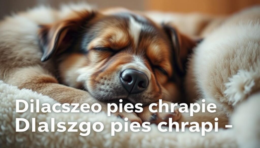 A sleeping dog, curled up comfortably on a soft, plush surface, mouth slightly open as gentle snores escape. Diffused, warm lighting bathes the scene, creating a cozy, peaceful atmosphere. The dog's fur appears soft and fluffy, inviting viewers to imagine the calming sensation of gently petting its head. The background is blurred, keeping the focus on the sleeping canine, a visual representation of the section title "Dlaczego pies chrapie".