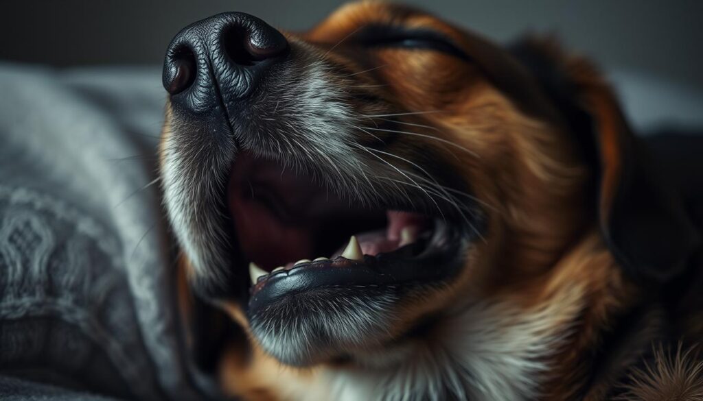 A sleeping dog with its mouth open, revealing the visible signs of snoring. Close-up view of the dog's head and neck, with a focus on the nasal passages and soft palate. Soft, diffused lighting accentuates the texture of the dog's fur and the subtle movements of the respiratory system. The background is slightly blurred, creating a sense of depth and drawing the viewer's attention to the central subject. The overall mood is calm and intimate, allowing the viewer to observe the physiological mechanisms behind the dog's snoring.