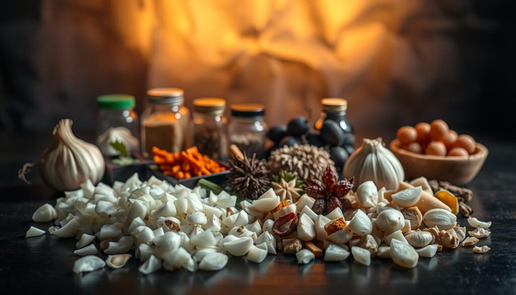 A still life arrangement showcasing a selection of prohibited dog food ingredients. In the foreground, an assortment of chopped onions, garlic, and other allium vegetables cast dramatic shadows on a sleek, dark wooden surface. In the middle ground, various spices, herbs, and toxic foods like grapes and raisins are carefully displayed. The background features a blurred, moody lighting setup with warm, golden tones, creating an ominous yet educational atmosphere. The composition emphasizes the hazardous nature of these common kitchen items, conveying the importance of a dog-safe diet.