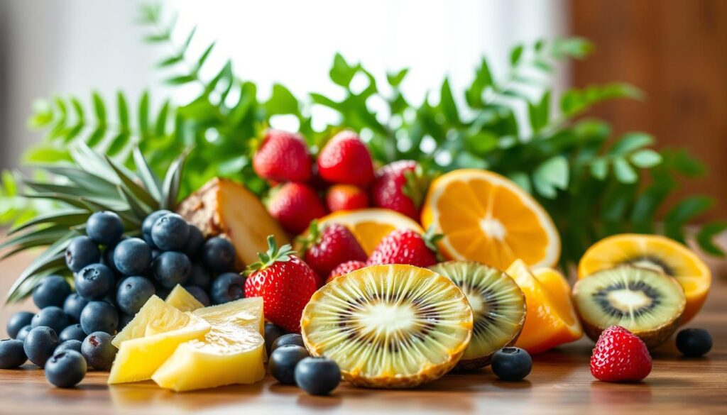 A still life arrangement showcasing a variety of safe, cat-friendly fruits on a wooden table. In the foreground, ripe blueberries, sliced pineapple, and quartered kiwi fruit are carefully positioned. The middle ground features a cluster of vibrant strawberries and a few slices of juicy orange. In the background, a lush, green leafy plant provides a natural, calming backdrop. The lighting is soft and diffused, creating a warm, inviting atmosphere. The overall composition is balanced and visually appealing, highlighting the vibrant colors and textures of the assortment of healthy, feline-safe produce.