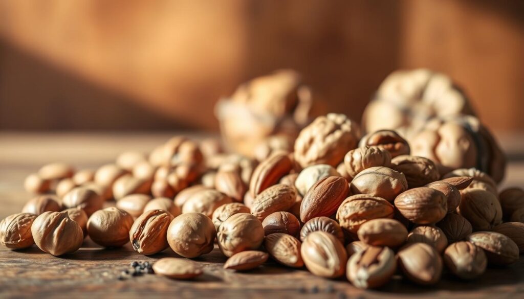 A still-life arrangement showcasing assorted nuts against a warm, natural backdrop. In the foreground, a selection of hazelnuts, almonds, and walnuts are elegantly displayed on a wooden surface, their rich textures and colors capturing the viewer's attention. The middle ground features a sprinkling of additional nuts, creating a visually appealing composition. The background is softly blurred, evoking a sense of calm and focus on the central subject. Subtle, natural lighting from the side casts gentle shadows, adding depth and dimension to the scene. The overall mood is one of rustic elegance, inviting the viewer to consider the potential role of these nuts in a dog's diet.