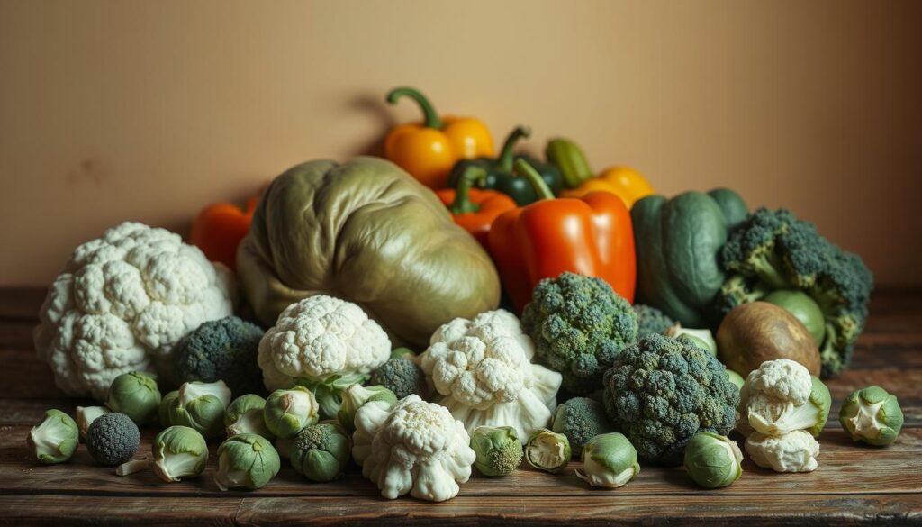 A still life composition depicting an assortment of swelling, distended vegetables on a rustic wooden table. In the foreground, a selection of bloated, inflated cauliflower florets, brussels sprouts, and broccoli spill across the surface, their surfaces gently undulating. Behind them, a cluster of gently inflating bell peppers and squash occupy the middle ground, their forms ballooning outwards. The background is softly lit, casting warm, muted shadows that accentuate the voluptuous, puffed-up shapes of the produce. The overall mood is contemplative, drawing the viewer's attention to the visual qualities and tactile nature of these "swelling vegetables."