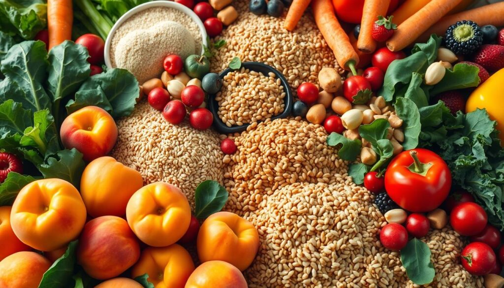 A sumptuous feast of fruits, vegetables, and grains, arranged in a vibrant and visually appealing display. The foreground features an assortment of fresh, ripe apricots, their golden hues juxtaposed against the lush greens of leafy kale and spinach. In the middle ground, a variety of whole grains, such as quinoa and farro, are neatly organized, hinting at the nutritional balance of a human's balanced diet. The background showcases a medley of other produce, including carrots, bell peppers, and berries, all bathed in warm, natural lighting that casts a soft, inviting glow. The overall composition conveys a sense of health, vitality, and the appeal of a diverse, plant-based diet.