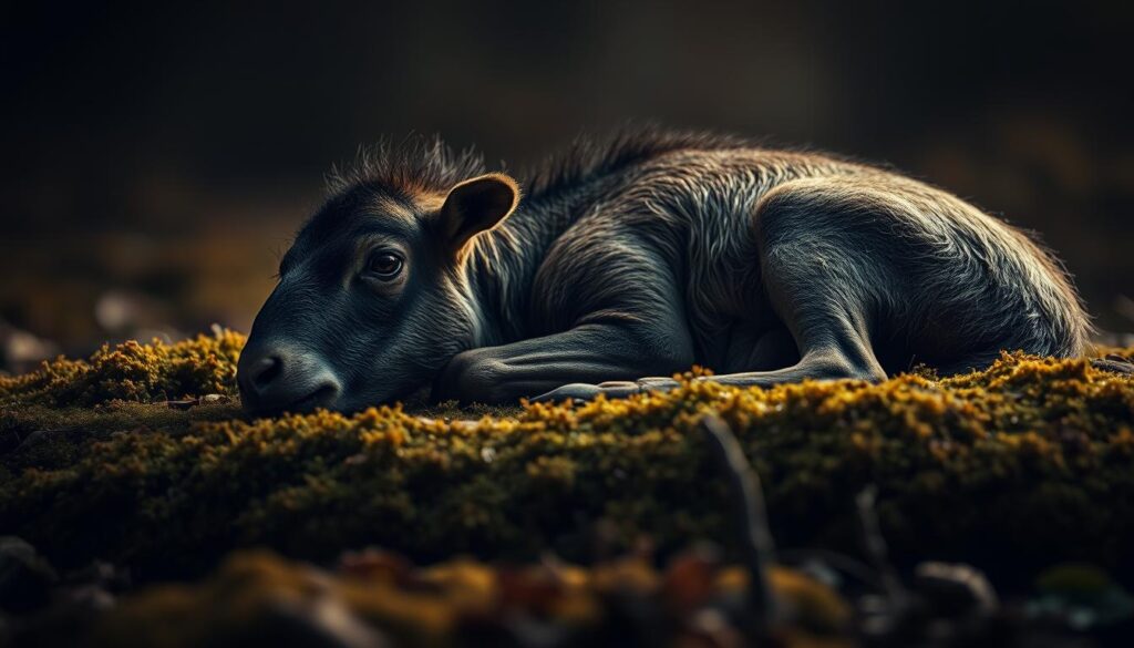 A terminally ill animal, its weary body resting on a soft bed of moss, eyes gazing vacantly into the distance. The scene is bathed in a warm, diffused light, creating a somber, melancholic atmosphere. The animal's posture and expression convey a sense of quiet resignation, as if it has accepted its impending fate. The background is blurred, with only the essential details visible, allowing the viewer to focus on the subject's struggle. The composition is balanced, with the animal positioned centrally, drawing the eye to its plight. The overall impression is one of quiet dignity and the peaceful acceptance of the natural cycle of life and death.