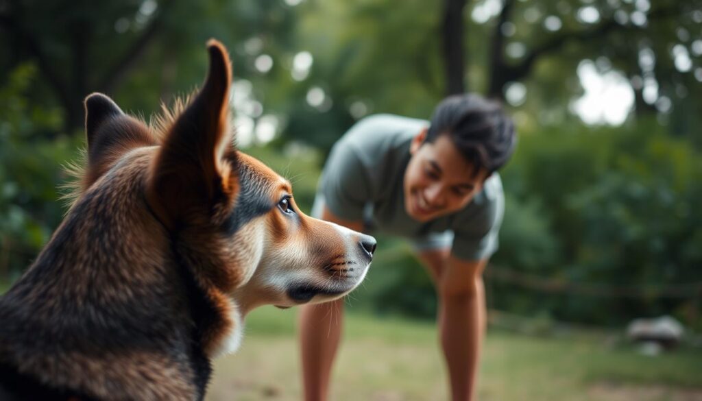 A tranquil outdoor scene depicting a person closely observing a dog's behavior and body language. The foreground shows the dog, alert and attentive, with its ears perked up and eyes focused, conveying its responsiveness to various signals. In the middle ground, the person leans in, carefully studying the dog's movements and facial expressions, their posture and gaze indicating a keen interest in understanding the dog's means of communication. The background features a serene natural setting, with lush greenery and soft, diffused lighting that creates a calming atmosphere, conducive to the act of careful observation and interpretation of the dog's signals.
