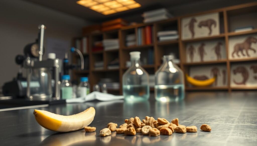 A veterinary laboratory setting, dimly lit with warm overhead lighting. On a stainless steel counter, an array of scientific instruments and glassware. In the foreground, a banana slice and a dog kibble, arranged to suggest a scientific comparison. The background is blurred, with shelves of medical texts and anatomical diagrams visible. The overall mood is one of careful, clinical examination, hinting at the potential dangers of canine banana consumption.