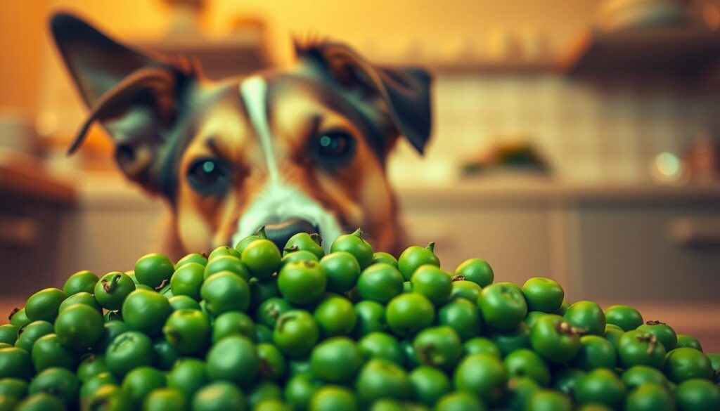 A vibrant, close-up composition showcasing the nutritional benefits of peas for a dog's health. In the foreground, a pile of fresh, plump green peas spills across the frame, their verdant hues and tender textures evocative of nourishment. Behind them, a sleek, happy dog gazes attentively, its coat gleaming with the luster of a balanced, vegetable-rich diet. The background blurs softly, hinting at a domestic, cozy setting - perhaps a kitchen or dining area, where the dog's mealtime is carefully curated. Warm, diffused lighting casts a gentle glow, emphasizing the synergy between the peas and the dog's vibrant wellbeing. An image that celebrates the virtues of incorporating peas into a canine's diet for optimal health and vitality.