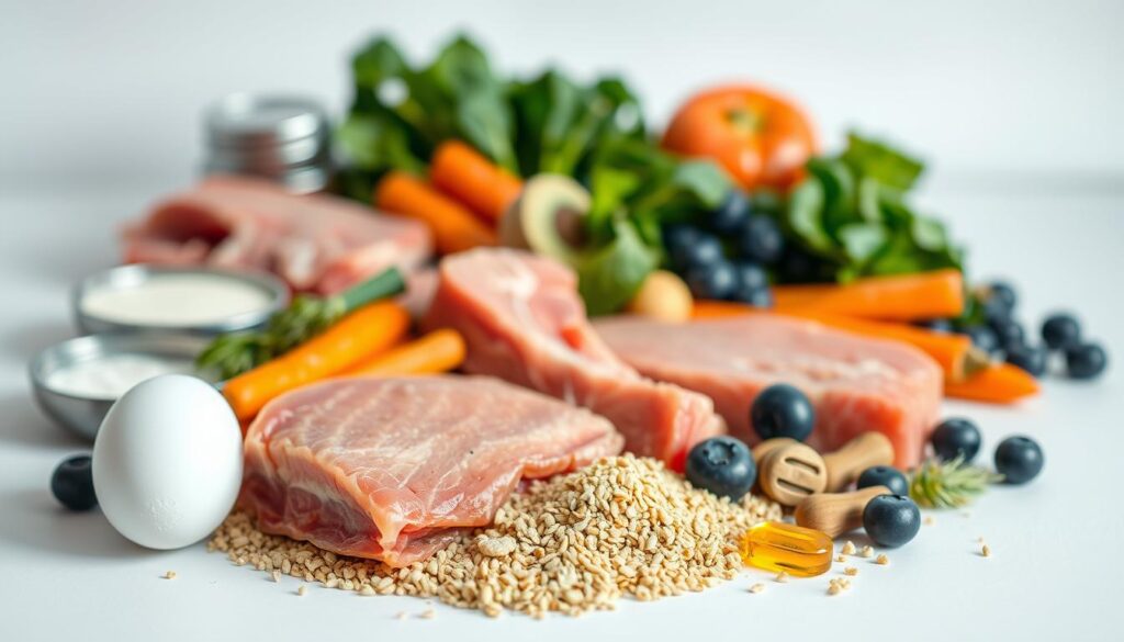 A vibrant close-up of various dog food ingredients and supplements arranged on a clean, white surface. In the foreground, a selection of high-quality proteins, vitamins, and minerals critical for canine health, such as lean meat, fish, eggs, and bone meal. In the middle ground, fresh vegetables and fruits like carrots, spinach, and blueberries, showcasing the importance of balanced nutrition. The background features a soft, out-of-focus gradient, allowing the nutritional elements to take center stage. Warm, natural lighting casts gentle shadows, emphasizing the texture and quality of the ingredients. The overall composition is clean, visually appealing, and effectively communicates the key nutrients essential for a dog's well-being.
