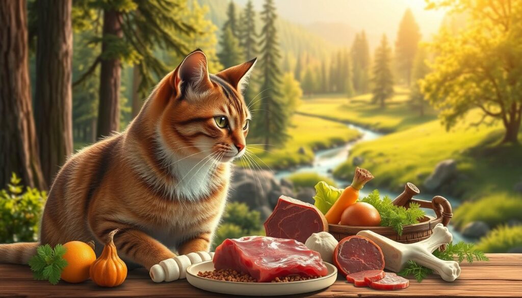A vibrant, highly detailed illustration of the benefits of the BARF (Biologically Appropriate Raw Food) diet for cats. In the foreground, a sleek, healthy feline enjoys a raw meat feast, its coat shining with vitality. In the middle ground, various whole-food ingredients like organ meats, bones, and vegetables are arranged artfully. The background features a lush, verdant landscape with towering trees and a serene stream, conveying the natural, holistic essence of the BARF approach. The scene is illuminated by warm, golden natural lighting, creating a sense of wellness and nourishment. The overall mood is one of vitality, balance, and the harmonious relationship between cats and their ancestral, unprocessed diet.