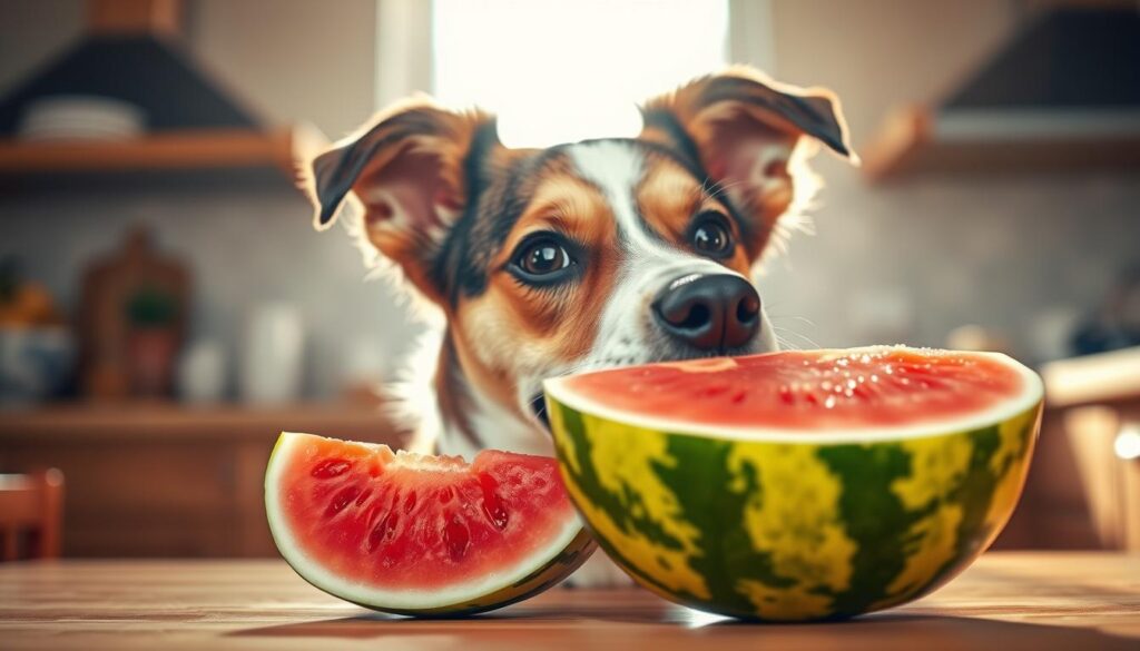 A vibrant, photorealistic image of a dog curiously sniffing a ripe, sliced watermelon against a warm, sunlit kitchen backdrop. The dog's friendly expression and the melon's juicy, glistening flesh are sharply in focus, while the blurred, cozy kitchen setting provides a welcoming context. Soft, natural lighting casts gentle shadows, emphasizing the textures and colors. The composition is balanced, drawing the viewer's eye to the interaction between the dog and the watermelon. The image conveys a sense of healthy, wholesome curiosity, inviting the viewer to consider whether this fruit is suitable for the canine companion.