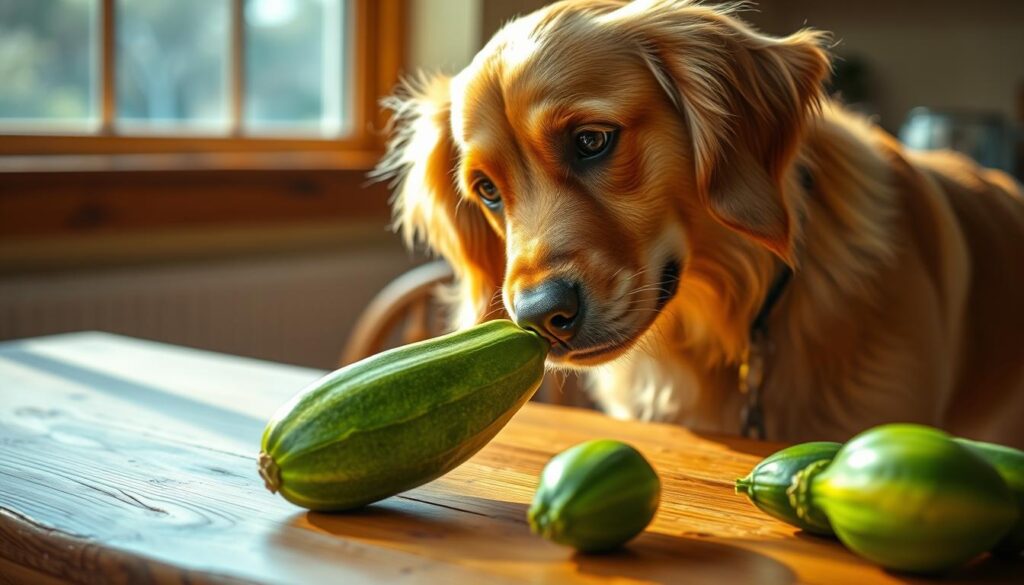 A vibrant, realistic image of a dog examining a freshly harvested zucchini on a wooden table. The dog, a friendly-looking golden retriever, tilts its head curiously as it sniffs the bright green vegetable. Warm, natural lighting from a nearby window illuminates the scene, casting gentle shadows and highlighting the textures of the dog's fur and the zucchini's skin. The background is slightly blurred, emphasizing the central focus on the dog and the zucchini. The overall mood is one of curiosity and exploration, inviting the viewer to consider whether this common household vegetable is safe for canine consumption.