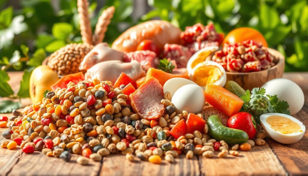 A vibrant still life arrangement showcasing an assortment of healthy dog food alternatives to barley groats. In the foreground, an array of colorful kibble, freeze-dried meat treats, and fresh fruits and vegetables spill across a rustic wooden surface, illuminated by warm, natural lighting. In the middle ground, a variety of protein-rich options such as cooked chicken, lean ground beef, and hard-boiled eggs are displayed. The background features lush, verdant foliage, hinting at the nutritious, whole-food origins of these canine-friendly meal replacements. The overall composition radiates a sense of nourishment and wellness, inviting the viewer to consider the diverse dietary alternatives to traditional barley-based dog food.