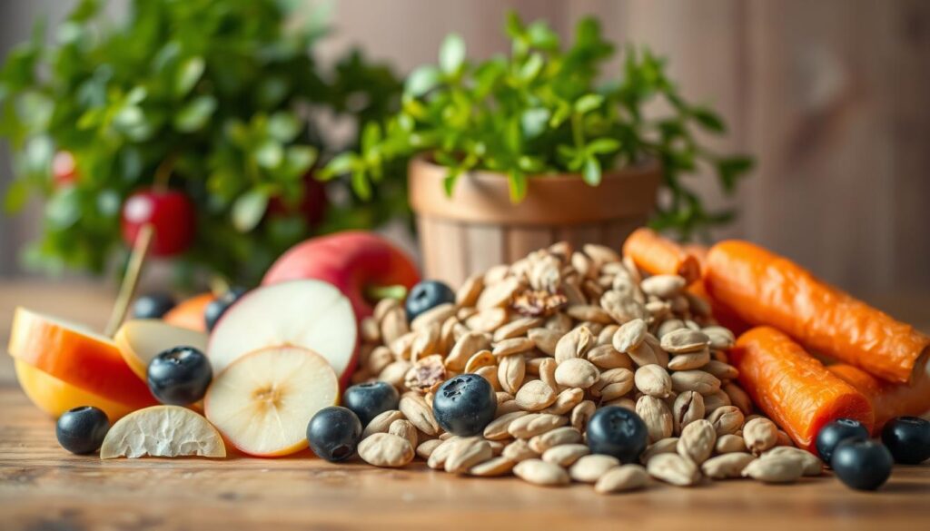 A vibrant still life arrangement showcasing healthy and dog-safe alternatives to cherries in a canine's diet. In the foreground, an assortment of sliced fruits and vegetables, such as apple, carrot, and blueberry, are artfully displayed on a wooden surface. The middle ground features a variety of nuts and seeds, including unsalted peanuts and sunflower seeds, providing additional nutritional options. In the background, a lush, verdant potted plant adds a touch of natural ambiance, creating a calming, earthy atmosphere. The lighting is soft and diffused, evoking a sense of wholesomeness and nutritional richness. The overall composition emphasizes the variety and abundance of dog-friendly food choices, guiding the viewer towards a balanced, safe, and healthy canine diet.