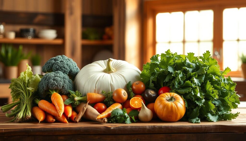 A vibrant still life scene of an assortment of fresh, colorful vegetables - carrots, broccoli, sweet potatoes, and leafy greens - arranged on a rustic wooden table. Warm, diffused lighting from a large window casts a gentle glow, highlighting the natural textures and rich hues of the produce. The composition is balanced and visually appealing, drawing the viewer's attention to the healthful, nutrient-dense ingredients that can be safely incorporated into a dog's diet. The scene conveys a sense of wholesome nourishment and the importance of including vegetables as part of a well-rounded canine meal plan.