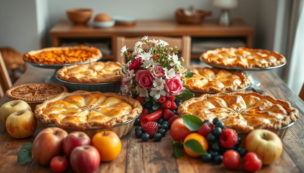 A vibrant still life showcasing an arrangement of homemade pies and pastries, conveying a sense of warmth and nourishment. The pies are displayed on a rustic wooden table, their golden crusts glistening under soft, natural lighting. In the foreground, a variety of seasonal fruits, such as apples and berries, are strategically placed to complement the pies' flavors. The middle ground features a delicate floral centerpiece, adding a touch of elegance. The background subtly fades into a cozy, inviting domestic setting, evoking a sense of comfort and well-being. This composition celebrates the connection between food, health, and the joy of sharing.