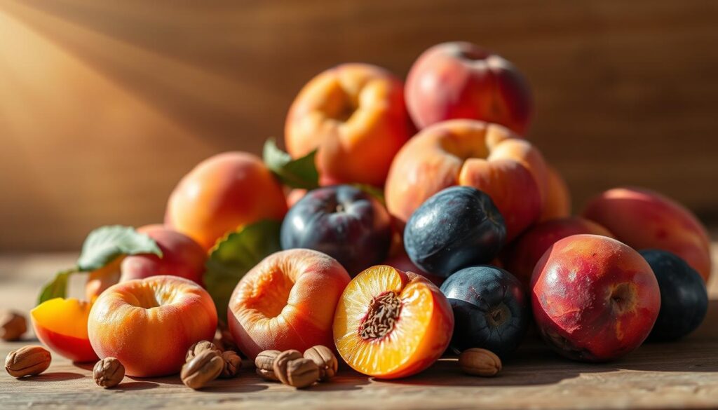 A vibrant, sun-dappled still life depicting an assortment of ripe, juicy fruits - apricots, peaches, and plums - artfully arranged on a rustic wooden surface. The produce is set against a soft, blurred background, with warm, natural lighting enhancing the luscious colors and textures. The composition exudes a sense of nourishment and wholesome delight, inviting the viewer to consider the role of these healthful, dog-safe treats in a canine's balanced diet. Captured with a shallow depth of field and a slightly tilted camera angle, the image conveys a sense of thoughtful curation and visual appeal.