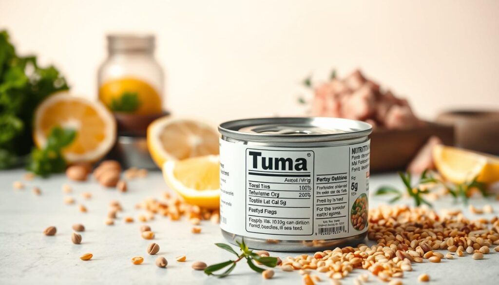 A visually striking still life showcasing the nutritional value of canned tuna. In the foreground, a meticulously detailed can of tuna, its label prominently displaying the words "Tuna" and "Nutritional Information". Behind it, a selection of tuna-related ingredients and garnishes, such as lemon wedges, herbs, and a scattering of healthy grains. The middle ground features a clean, minimalist background, allowing the subject to take center stage. Soft, warm lighting casts a gentle glow, accentuating the vibrant colors and textures. The overall composition conveys a sense of health, freshness, and the importance of understanding the nutritional profile of this versatile seafood.