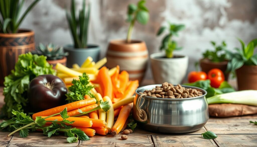 A well-balanced, healthy canine diet in a natural, earthy setting. In the foreground, an array of fresh, vibrant vegetables and lean protein sources, arranged thoughtfully. In the middle ground, a stainless steel bowl filled with high-quality, nutrient-dense dog food. The background features a rustic wooden table or surface, surrounded by potted plants and natural textures, creating a calming, harmonious atmosphere. The lighting is soft and diffused, evoking a sense of warmth and nourishment. The overall composition conveys the importance of a safe, carefully curated diet for a dog's well-being and longevity.