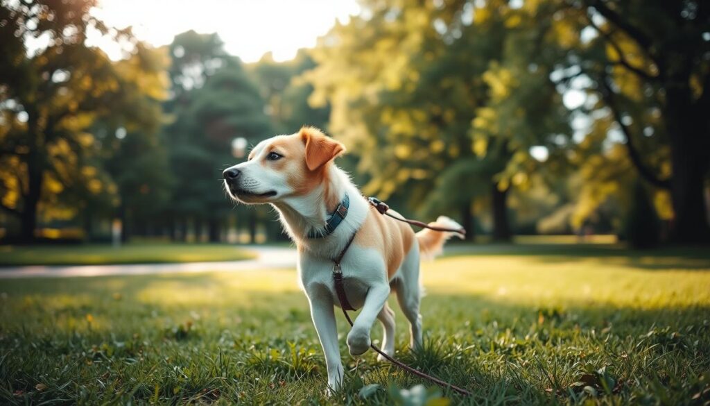 A well-behaved dog taking a leisurely stroll through a picturesque park, its leash-free movement capturing the essence of freedom. The pup's attentive gaze and confident stride suggest a level of training and trust, perfectly complementing the lush, verdant backdrop. Soft, diffused sunlight filters through the canopy of trees, casting a warm, golden glow and creating a tranquil, inviting atmosphere. The scene evokes a sense of harmony between the dog and its natural surroundings, showcasing the joys of responsible off-leash walking.
