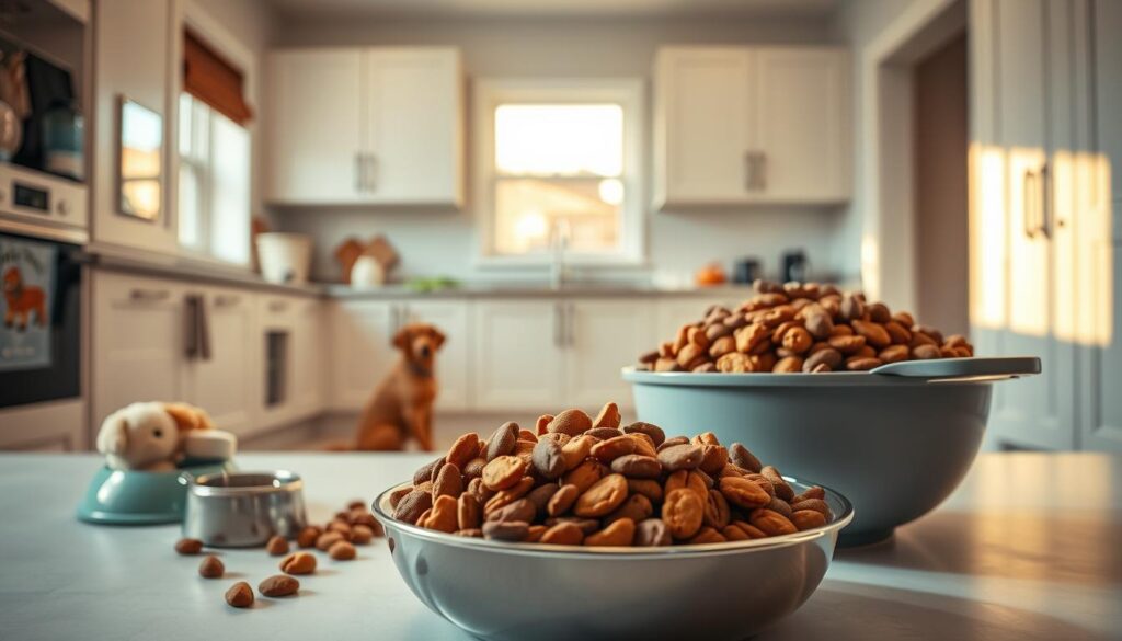 A well-lit and meticulously composed kitchen scene, featuring a large bowl filled with an assortment of high-quality dog food portions. The foreground showcases the various portion sizes, with a measuring cup or scale nearby to illustrate the recommended serving sizes. The middle ground includes a few dog toys and a water bowl, creating a sense of a dedicated pet feeding area. The background features clean, minimalist cabinetry and countertops, with warm, natural lighting filtering in through a window, casting a soft, inviting glow over the scene. The overall atmosphere conveys a sense of order, attention to detail, and a caring approach to pet nutrition and well-being.