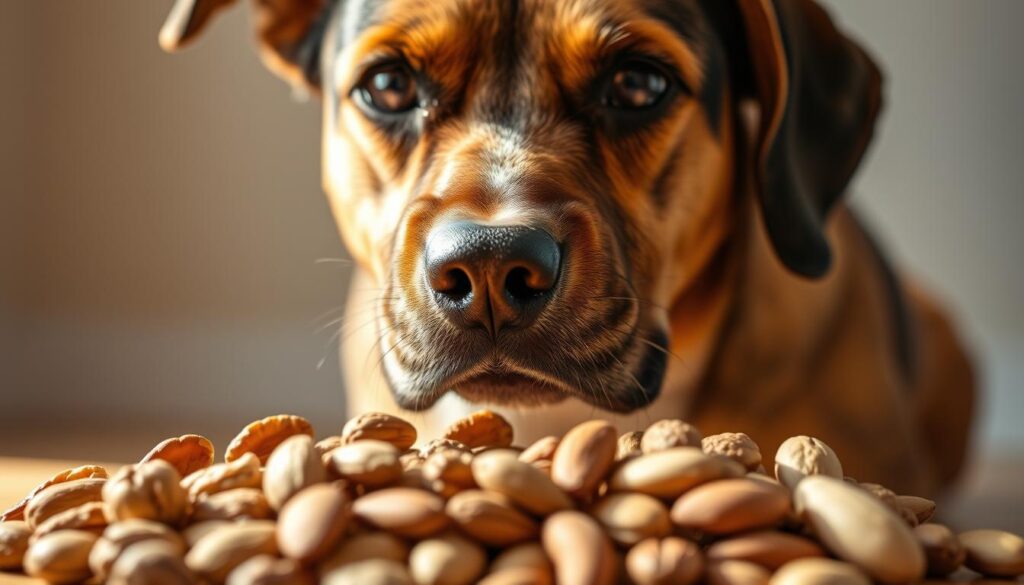 A well-lit, close-up image of a dog's face, with a pensive expression, examining a pile of assorted nuts, including walnuts, almonds, and peanuts, placed in the foreground. The dog's snout is slightly tilted, as if contemplating whether to indulge in the tempting treats. The background is blurred, creating a soft, out-of-focus effect, drawing the viewer's attention to the central subject. The lighting is warm and natural, casting subtle shadows that accentuate the dog's features and the texture of the nuts. The composition is balanced, with the dog's gaze directed towards the camera, engaging the viewer in the contemplation of the safety and suitability of the nuts for canine consumption.